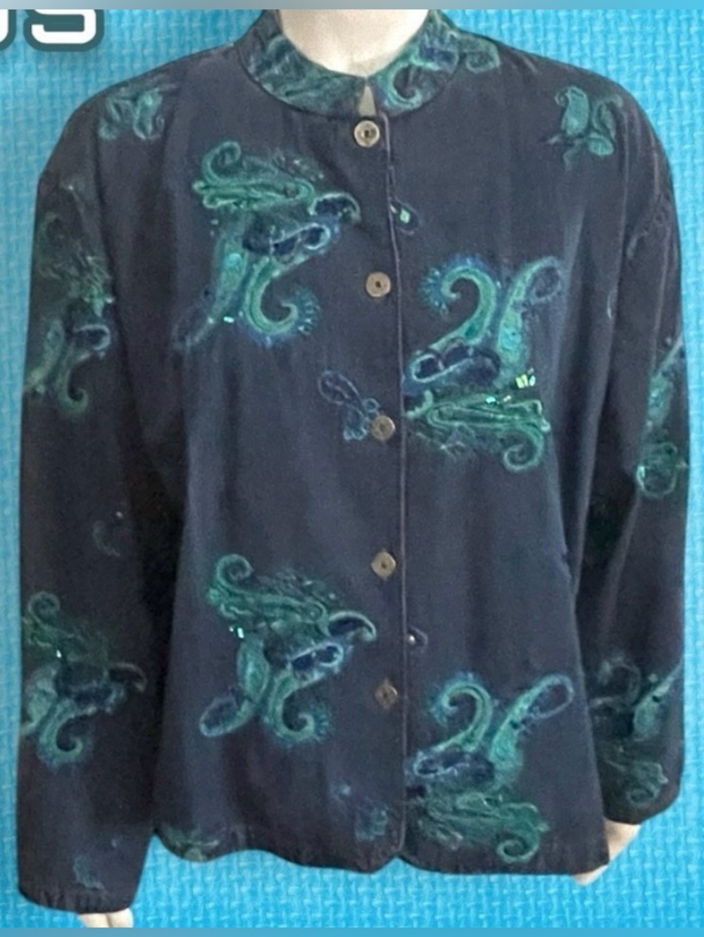 Chico's Embroidered Embellished Paisley Blue Denim Jacket Size 2 (US - L/12)